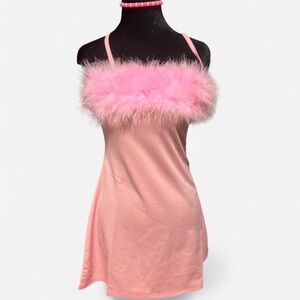Pink Feather Trim Mini Dress